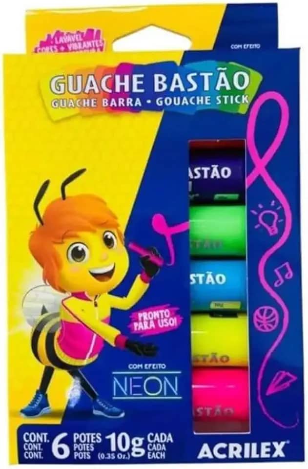 Tinta Guache, Acrilex, Em Bastão, 06 Cores Neon