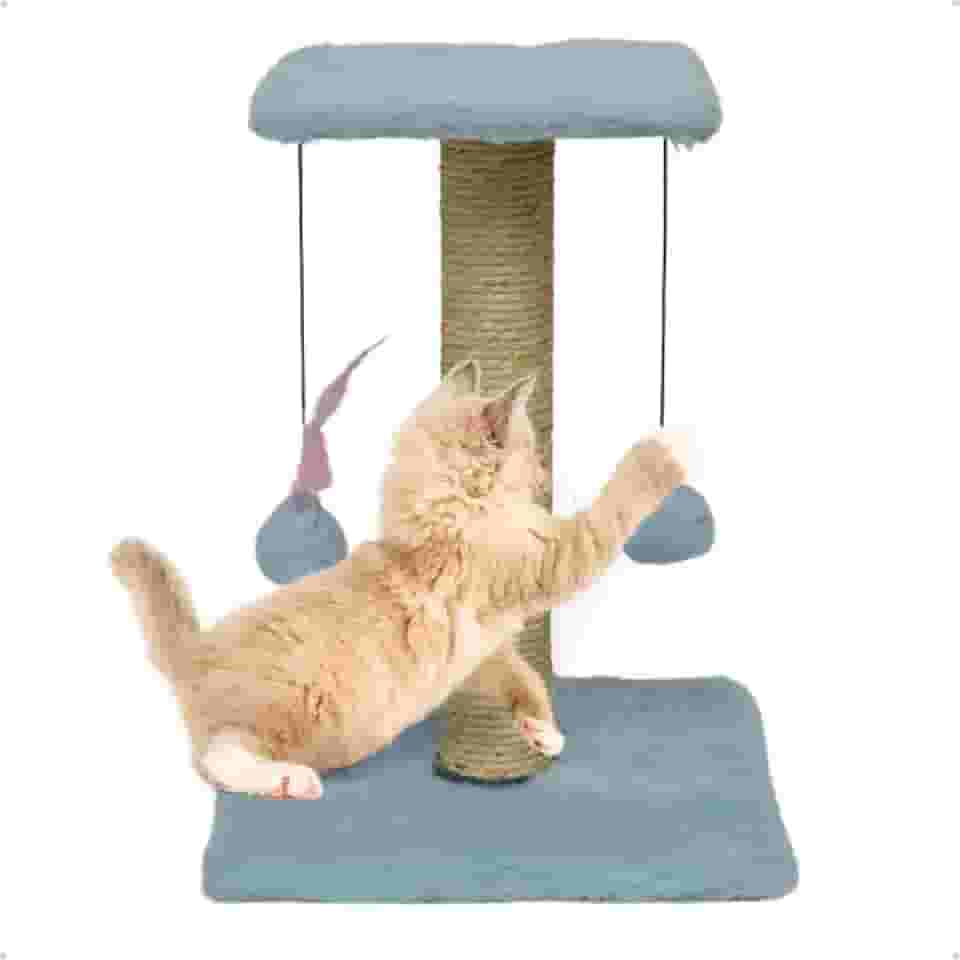 Arranhador Para Gatos Pet Poste Duplo Azul Sisal Brinquedo Com Bolinha Pena Duas Bases Carpete Anti Stress Anfia Unhas