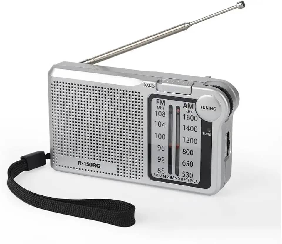 Rádio Portátil AM/FM, 2 Bandas, Recarregável USB Tipo-C, Entrada para Fone de Ouvido