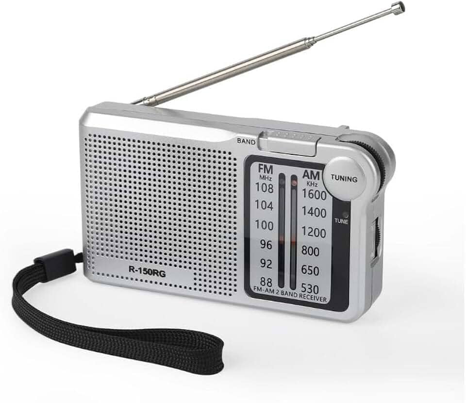 Rádio Portátil AM/FM, Rádio de Bolso, 2 Bandas, Alimentação por 2 Pilhas AA(Não inclusas) e Cabo USB tipo C, Antena e Entrada para Fone de Ouvido