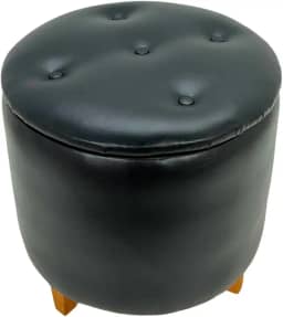 Puff Baú Redondo Estofado em Couro Sintético, Pés em Madeira para Sala/Quarto Infantil/Centro, Heimon (Preto)