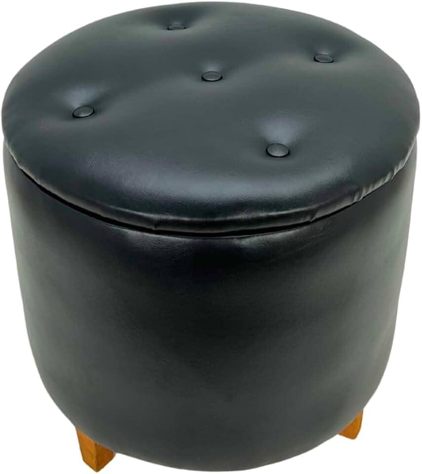 Puff Baú Redondo Estofado em Couro Sintético, Pés em Madeira para Sala/Quarto Infantil/Centro, Heimon (Preto)
