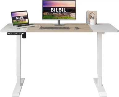 bilbil Mesa de pé elétrica ajustável em altura, 139 x 61 cm, suporte para trabalho, escritório, casa, mesa ergonômica para computador com memória predefinida com emenda (carvalho, branco)