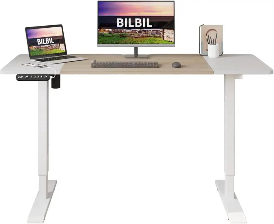 bilbil Mesa de pé elétrica ajustável em altura, 139 x 61 cm, suporte para trabalho, escritório, casa, mesa ergonômica para computador com memória predefinida com emenda (carvalho, branco)