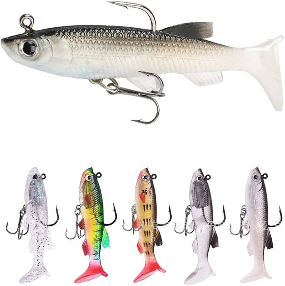 AOSTSOA Kit 5 Isca Artificial Silicone Shad Peixe Embutido Chumbadas
