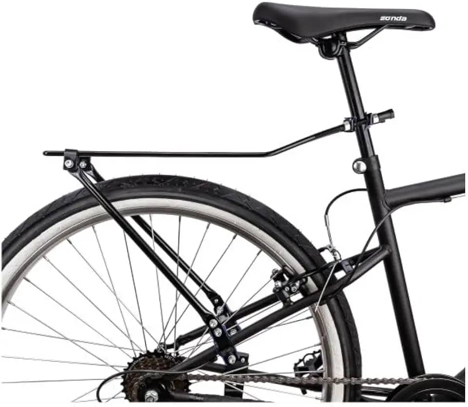 Bagageiro com hastes articuláveis que se adaptam a diversos modelos e aros de bicicletas, com fixação permanente no canote.