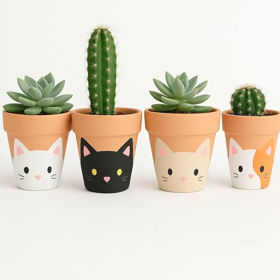 Kit 4 Vasos de Cerâmica Gatinho De Suculentas e Cactos – Decorativos, Feitos à Mão, Estilo Fofo para Jardim, Varanda ou Presente Criativo'