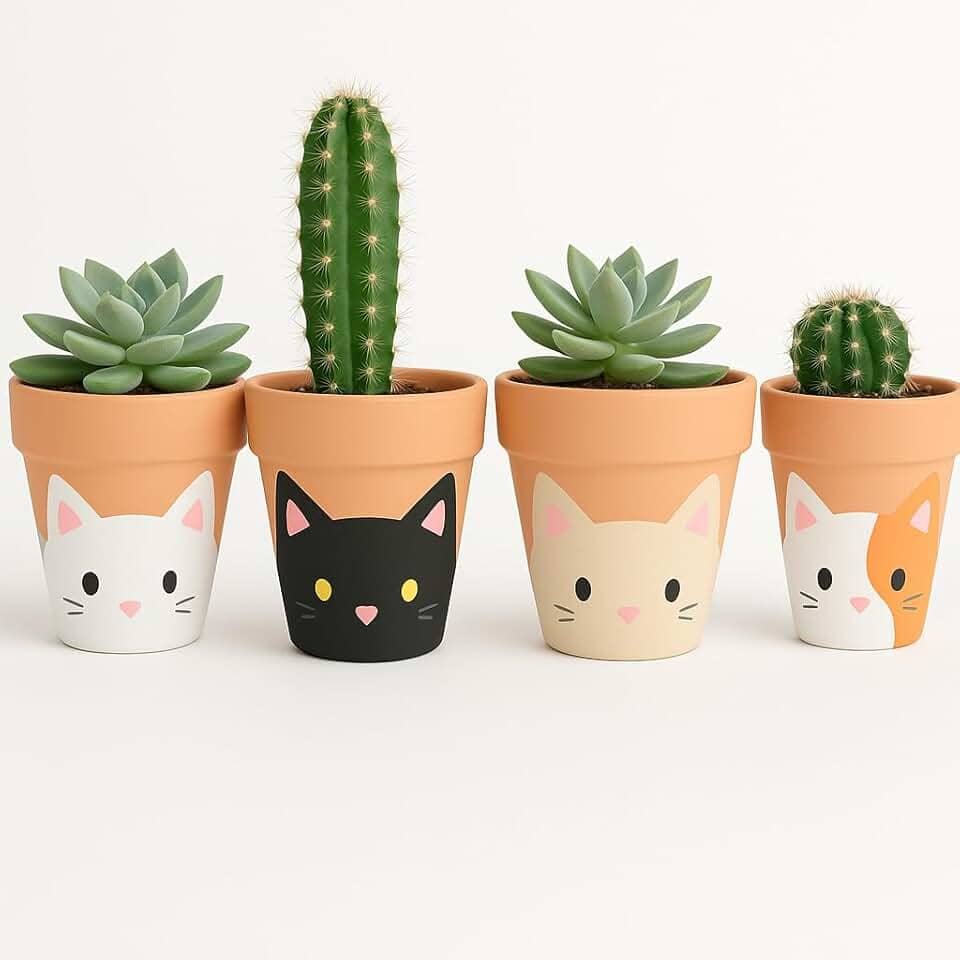 Kit 4 Vasos de Cerâmica Gatinho De Suculentas e Cactos – Decorativos, Feitos à Mão, Estilo Fofo para Jardim, Varanda ou Presente Criativo"