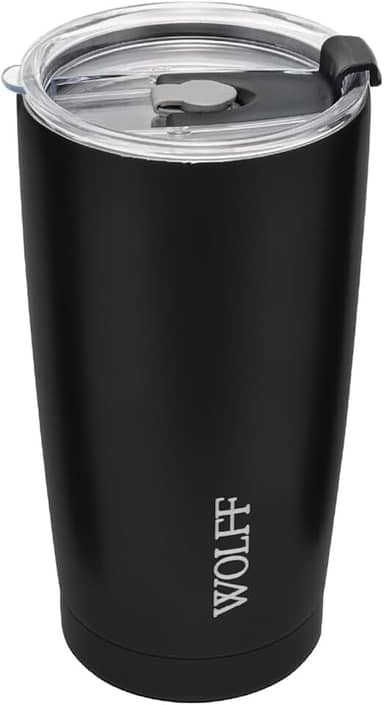 WOLFF - Copo Térmico de Aço Inox Parede Dupla Com Tampa 600ml Preto - Para Viagem - Mantém a Bebida na Temperatura Ideal