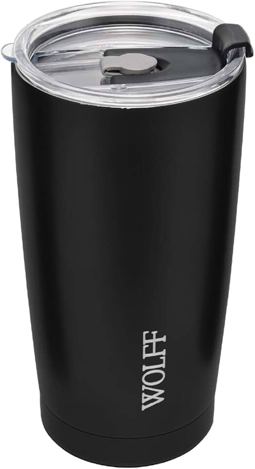 WOLFF - Copo Térmico de Aço Inox Parede Dupla Com Tampa 600ml Preto - Para Viagem - Mantém a Bebida na Temperatura Ideal