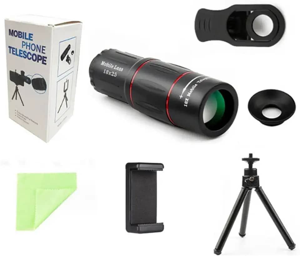 Monóculos externos com lente de celular HD 18x25 para filmagem com lente telefoto externa de 28x