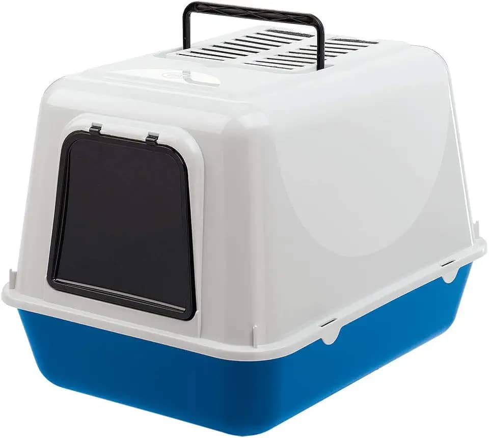 Ferplast CLEAR CAT 20, sanitário fechado para gatos com filtro de carbono antiodor, porta escurecida e alça, azul