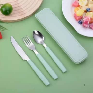 Kit Talheres Portáteis Inox 3 Peças Com Estojo – Colher Garfo Faca Para Marmita Trabalho Escola Viagem Sustentável-Verde