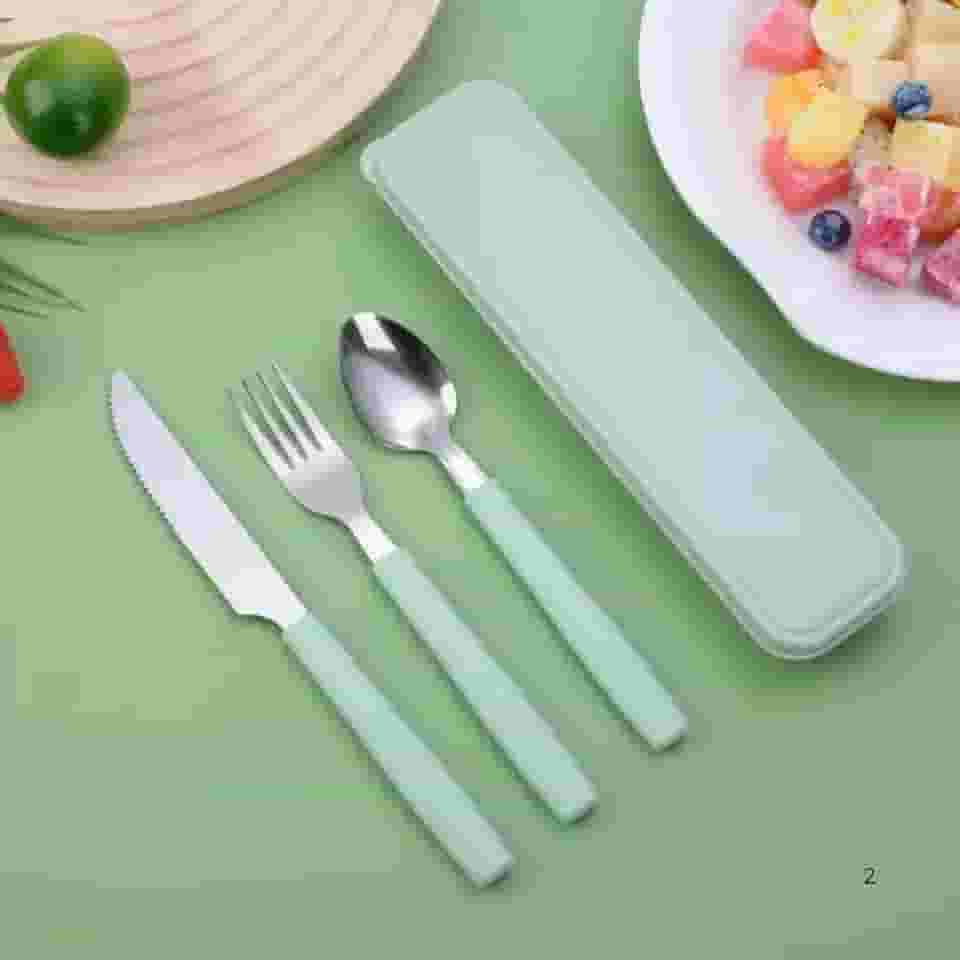 Kit Talheres Portáteis Inox 3 Peças Com Estojo – Colher Garfo Faca Para Marmita Trabalho Escola Viagem Sustentável-Verde
