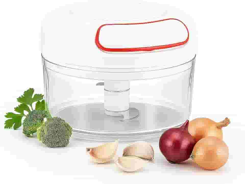 Processador Manual de Alimentos com Lâminas Intercambiáveis em Aço Inox Branco e Transparente 170ml Design Inovador para Cozinha