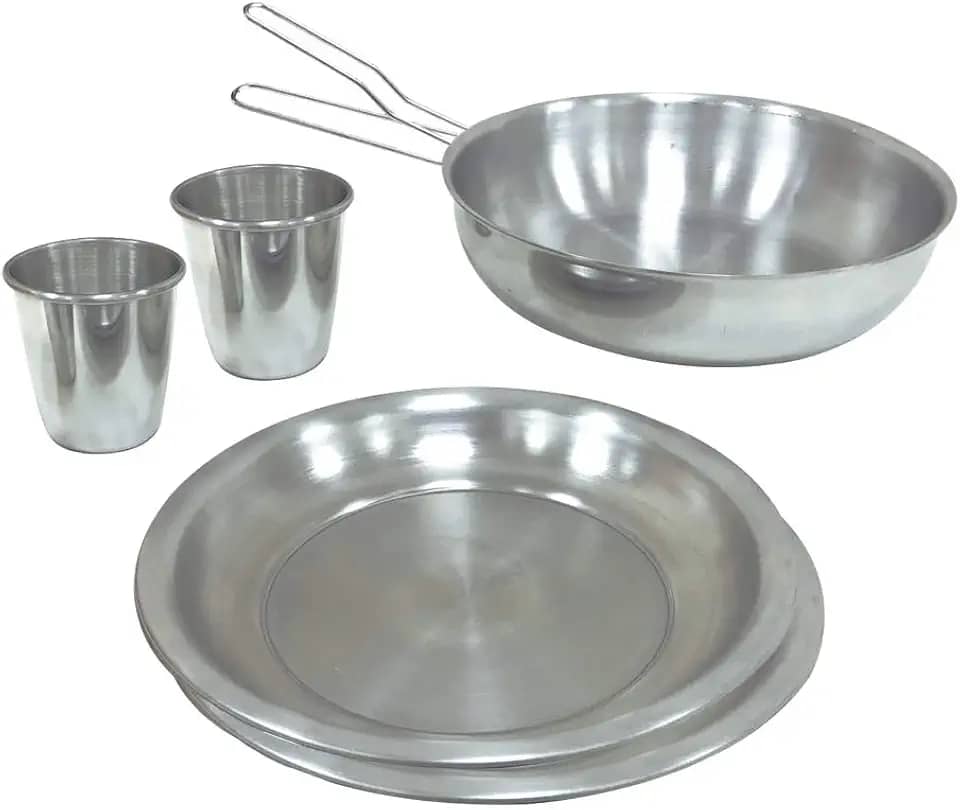 Nautika, Kit de Cozinha De Camping Gourmet Com 6 Peças, 2 copos, 2 pratos, 1 frigideira e 1 pegador universal removível, Compacto Em Alumínio