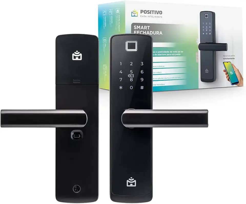 Smart Fechadura Digital Wi-Fi de Embutir Positivo Casa Inteligente, Abertura por Senha, Biometria, Tag, Chave e Aplicativo, Preta com Maçaneta