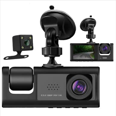 Câmera Veicular Full HD 1080P com 3 câmeras - Segurança 360° com Visão Noturna Infravermelha, Sensor de Colisão G-Sensor, Monitor de Estacionamento e Gravação em Loop, Tela LCD 2'.