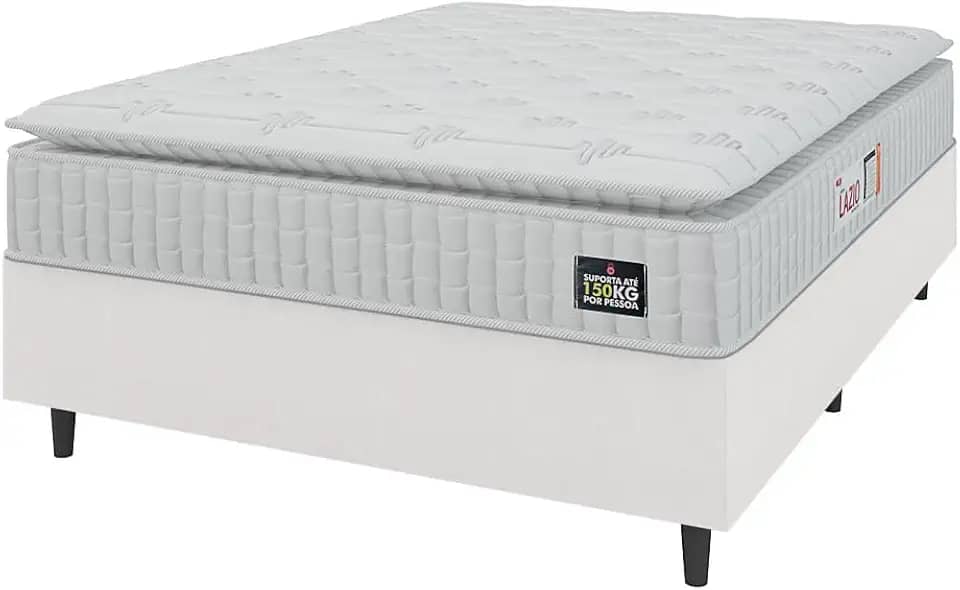 Cama Box Casal Queen Colchão Espuma D45 Lazio Pillow Top 158x198x62cm Branco Hellen – Suporta Até 150 Kg Por Pessoa