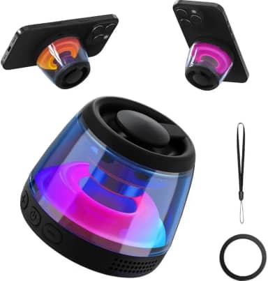 Caixa de som Bluetooth portátil com luz LED RGB, suporte magnético para celular, som 360°, à prova d’água IPX7, ideal para banho, festa e viagem