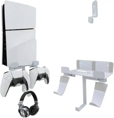 Suporte de parede para console PS5 Slim/PS5 Pro, disco fino de alumínio PS5/console digital suporte de prateleira de parede com controle e suporte de fone de ouvido - branco (não para PS5