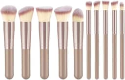 Kit de Pincéis Profissionais para Maquiagem – 10 Peças Premium, Cerdas Sintéticas Macias, Cabo Ergonômico, Ideal para Base, Contorno, Esfumar e Olhos – Design Luxuoso (Marrom)