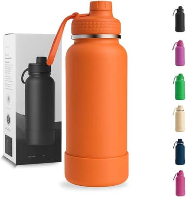Garrafa Térmica 1000ML - Duplamente Isolada, Aço Inox 304, Base Emborrachada Anti Derrapante, Mantém Bebidas Quentes por 12 Horas e Geladas por 24 Horas (Laranja Wide)