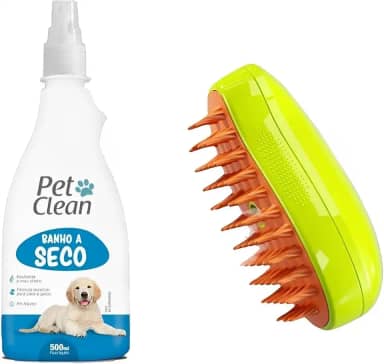 Kit Banho a Seco Pet Completo Para Cães e Gatos 1un 500ml Limpeza Rápida Sem Água e 1un Escova a Vapor 3 em 1 Tira Pelo Autolimpante Higiene Prática Premium