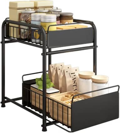 Prateleira preta multiuso com 2 gavetas em aço inox