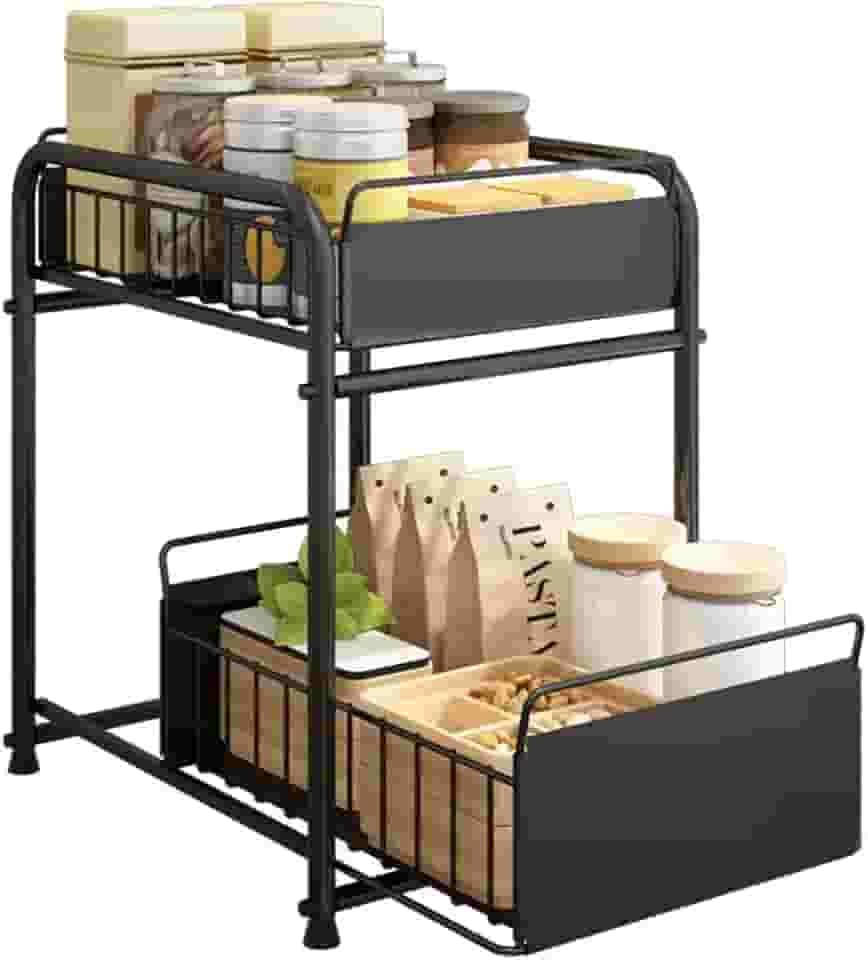 Prateleira preta multiuso com 2 gavetas em aço inox