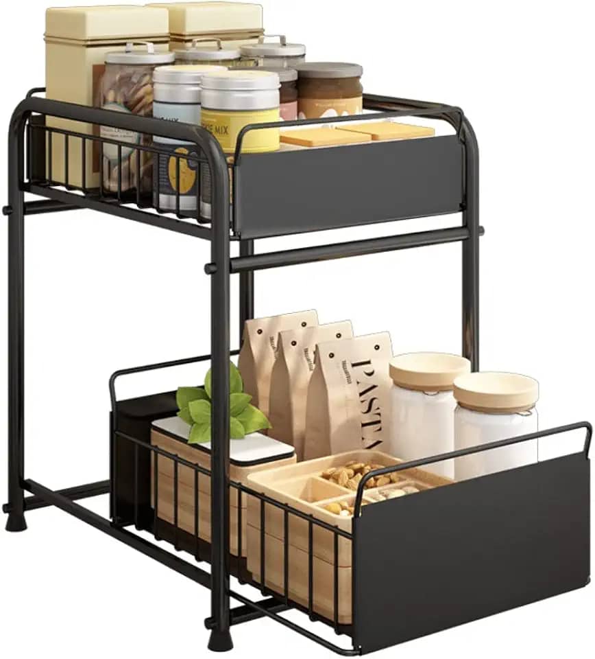 Prateleira preta multiuso com 2 gavetas em aço inox