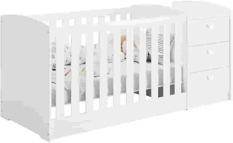 Berço Americano Multifuncional Atlanta com Cômoda 3 Gavetas Branco Fosco - Reller