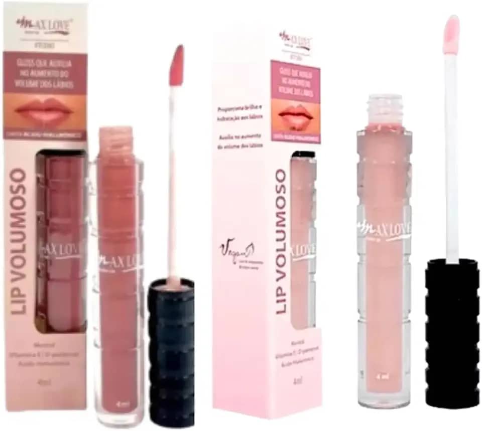 Max Love Lip Volumoso, Kit com 2 Gloss Labial com Ácido Hialurônico, Vitamina E e D-Pantenol, Efeito Translúcido e Brilhante