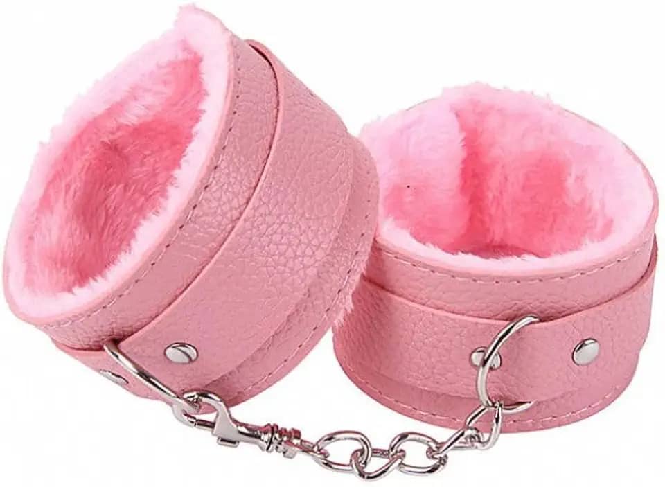 Algema Bracelete em Couro Macio com Pelúcia Aveludada e Corrente Cromada 5,5cm x 9cm Fivelas Ajustáveis (ROSA)