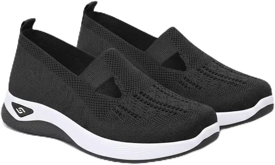 Tênis Ortopédico Feminino Confortável em Tecido Respirável, Suporte de Arco, Sola Macia, Para Caminhada e Corrida, Preto (Número 36 e 39)