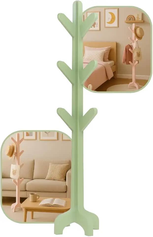 Mancebo Cabideiro 12 Ganchos Madeira Laqueado Quarto Chão VERDE CHÁ