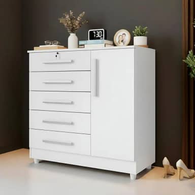 Cômoda Quarto 5 Gavetas 1 Porta com Chave 2 Divisórias - Branco
