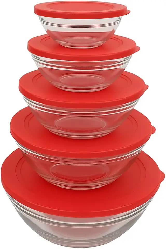 Conjunto 5 Potes de Vidro Redondo com Tampa Vermelha – Resistentes e Herméticos, Ideais para Armazenar Alimentos, Marmitas, Sobras, Freezer, Geladeira e Micro-ondas