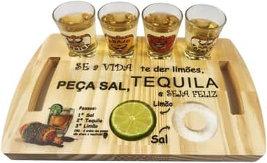Tábua De Shot Decorativa 4 Copos Vidro Beber Tequila Bar