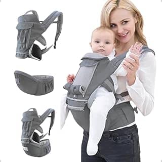 AIEBAO Bolsa Canguru, Ergonômica, 12 Posições, 3 Em 1, 3 Bolsos Externos, Bebês 0 a 36 Meses, Capacidade 0 a 36 quilos, Poliéster Algodão e Isopor. (Cinza)