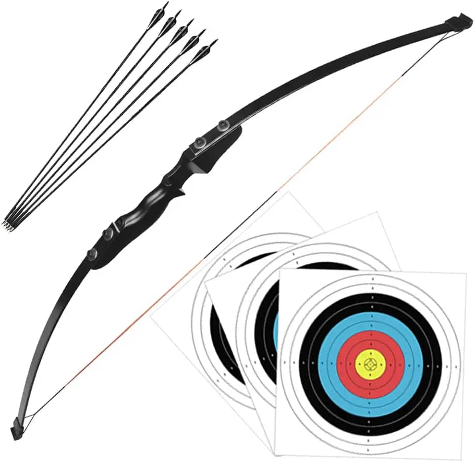 Arco Flecha Profissional Destro de Madeira com Libragem de 40lbs + 5 Flechas com Ponta de Alumínio + 3 Alvos de Treino Arqueria Tiro ao Alvo Caça Pescaria