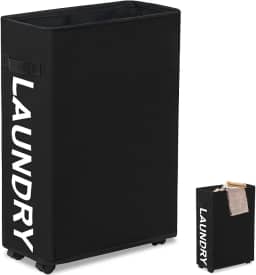 Cesto de Roupa Suja, Organização para Lavanderia, Cesto de Roupa Suja, Cesto de Roupa Suja Fino com Rodas, Cesto de Roupa Suja de 42 L, Dobrável Oxford Cesto, 4 Hastes de Suporte Cesto de Roupa