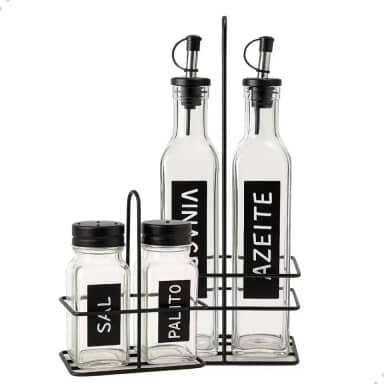 Conjunto de Galheteiro com Suporte, Vidro e Inox, 4 Peças, Azeite, Vinagre, Sal e Paliteiro com Dosador