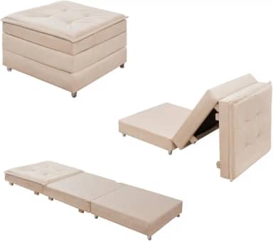 Puff Dobrável 3 em 1 Que Se Transforma em Cama Solteiro Versátil Confortável Com Rodinhas E Bau - Bege