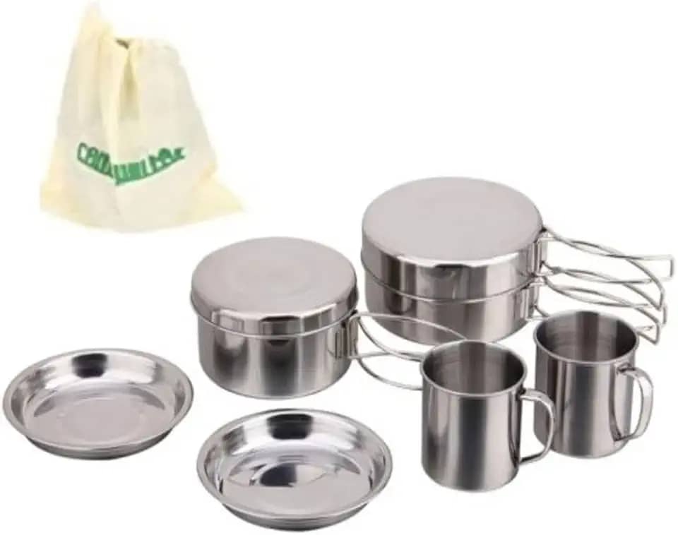 Kit Panelas Camping Pesca Inox 8 Peças Portátil Com Bolsa