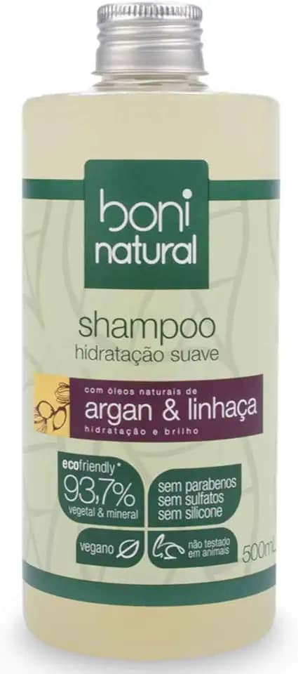 Shampoo Vegano e Natural de Argan e Linhaça, Para todos os tipos de cabelo, Boni Natural, Transparente