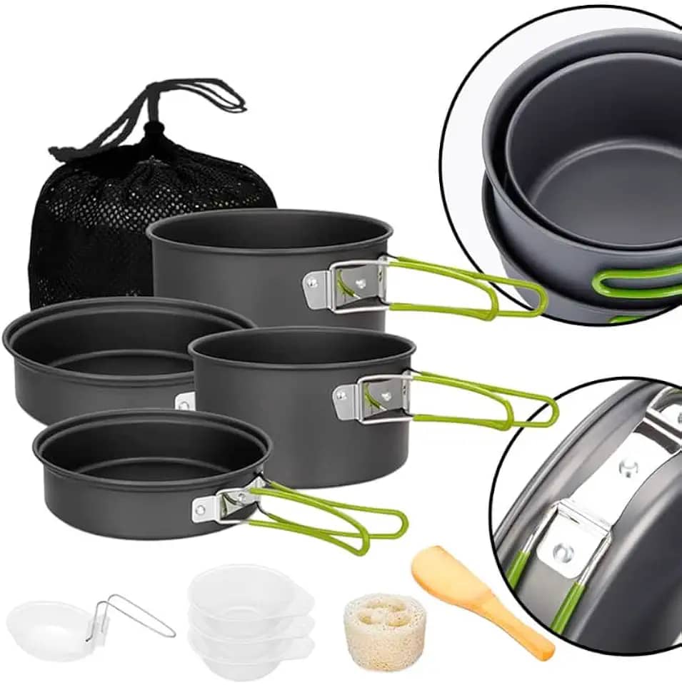 Conjunto De Panelas, 10 Peças, Com Cabos Dobraveis Para Camping, Trilhas, Aventuras, Pesca. Kit Com Colher Tigelas e Esponja