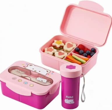 Kit Lancheira Marmita Infantil com 3 divisórias e capacidade de 1.2 L, colherzinha e Copo 300ml - Compartimentos Removíveis Livre BPA - disponível nas cores Rosa, Azul e Bege com Preto. (Rosa)