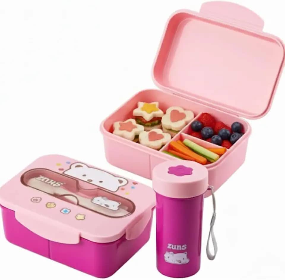 Kit Lancheira Marmita Infantil com 3 divisórias e capacidade de 1.2 L, colherzinha e Copo 300ml - Compartimentos Removíveis Livre BPA - disponível nas cores Rosa, Azul e Bege com Preto. (Rosa)