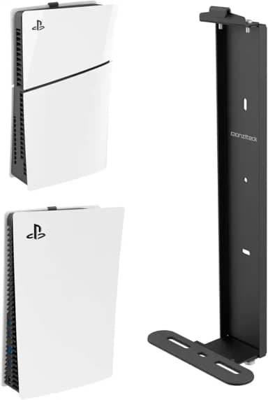 Monzlteck Suporte de parede para PS5 Slim/PS5 Pro - Suporte de parede de aço para PS5 Original e PS5 Slim/Pro (digital e disco), resistente e não cai, + 1 suporte de controle